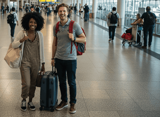 a man and woman standing in an airport