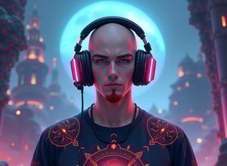 An anime-style picture of a man with a red goatee and headphones