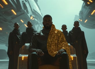 Afrofuturism image of a Black King surrounded by black women
