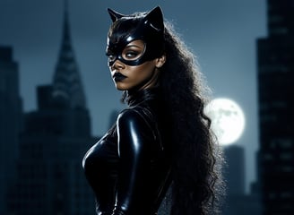 AI-generated image of Rihanna as Catwoman in sleek black catsuit with Gotham City backdrop