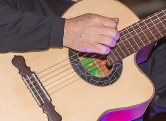 a man playing a guitar in a room