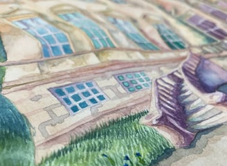 Close up angle of a watercolour illustration depicting a Georgian manor house in pastel tones.