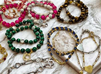a bunch of bracelets with a variety of beads and charms