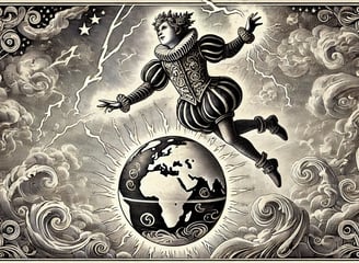 An AI agent, like Ariel or Puck, circling a globe of knowledge, surrounded by electricity.