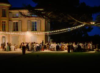 Wedding diner, outside under string lights