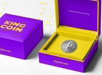 Image of physical coin and packaging from e-commerce website.