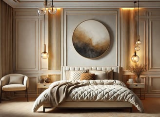 Quarto aconchegante com cama de casal, roupa de cama bege, luminárias laterais e obra de arte
