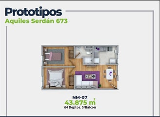 ASER Caracteristicas Departamento. Plano con 2 recamaras, sala comedor, baño y cocina. 43 mts2