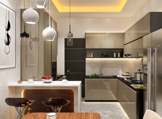 a kitchen with a table and chairs and a table