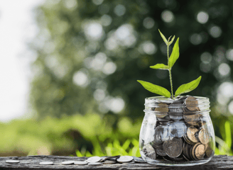 small coins on a bench with large full jar of coins with plant spouting from the jar symbol growth