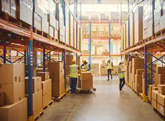Retail Warehouse full of Shelves with Goods in Cardboard Boxes, Workers Scan and Sort Packages, Move