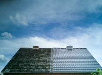 image of a before and after shot of a roof that has been soft washed 