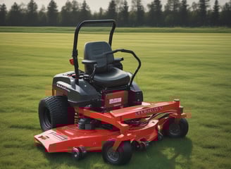 A yellow commercial lawn mower is parked on a well-maintained grassy field. In the background, there is a row of tall green corn plants and a metal guardrail separating the field from an industrial area. The sky is overcast with gray clouds.
