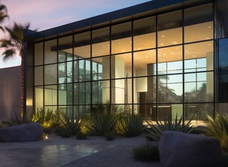 Fachada de edificio moderno iluminado con diseño contemporáneo en la Riviera Maya
