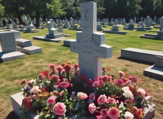 A peaceful graveyard scene with various tombstones scattered across a grassy area. A stone building with a sloped roof is partially visible on the left. A large tree provides shade in the foreground, casting shadows on the grass and pathway. In the background, more trees and houses with pitched roofs can be seen against a clear blue sky.