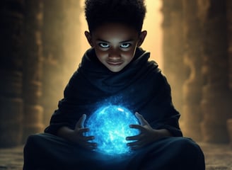 a young boy holding a glowing orb ball