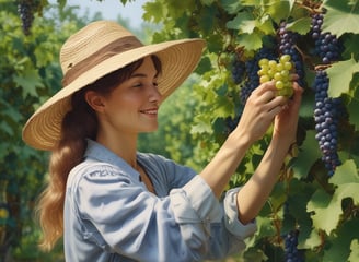 a woman in a straw hat is picking grapes from the vine