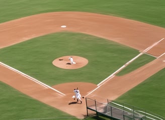 A person wearing a red helmet is poised in a batting stance with a baseball bat in a batting cage. The cage is enclosed with black netting and sunlight is casting shadows on the ground. The background shows some buildings and other equipment inside the cage.