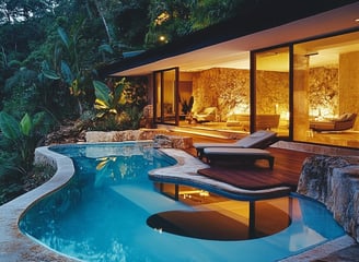 Casa ecológica con acabados de piedra natural e iluminación ambiental en la Riviera Maya