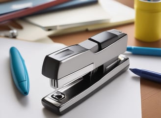 A close-up of a beige stapler placed on a wooden surface is visible. The stapler has a small blue label with white text on it. In the background, there are some coiled ropes, a yellow item, and what appears to be a power tool or drill in a dark blue casing.