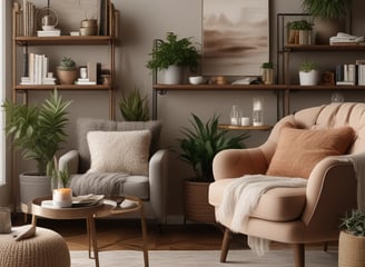 A warm, inviting living space filled with soft textures and ambient lighting. A plush velvet armchai