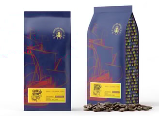 Coffee packaging design example, blue and yellow colors