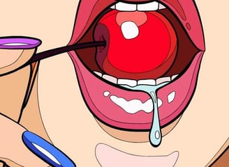 a woman with a cherry on her lips and mouth