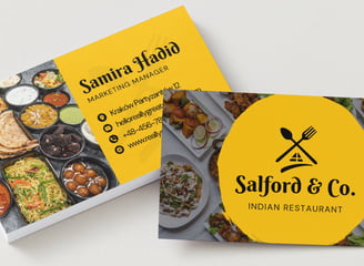 a business card with a fork and knife on it