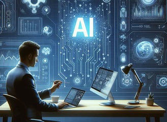 a man sitting at a desk with a laptop and a laptop providing AI automation services