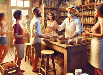 mercearia com muitos clientes contentes e itens diversos