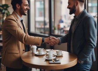 two men shaking hands in a cafe