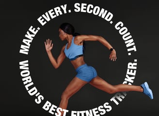 Digital ad image of athletic woman with bold copy encircling her to mimic clock.