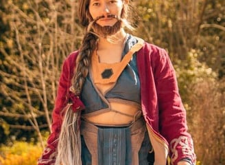 création unique de la tenue complète portée par une femme à barbe aux cheveux longs
