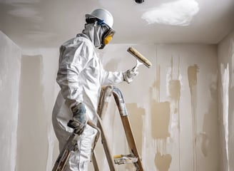 A person wearing protective clothing is painting the exterior of a building while crouched on a narrow ledge. Next to the person is a satellite dish attached to the wall. Several windows are open above the person, providing some ventilation.