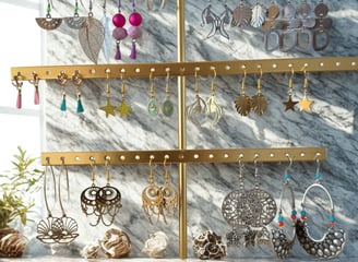 a display of earrings and earrings on a marble counter top