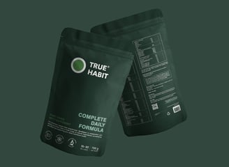 front and back of a supplement bag, green color named Truehabit