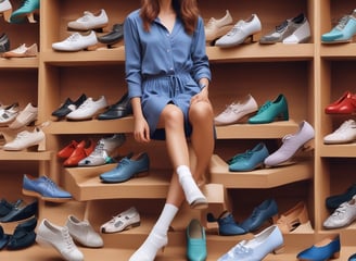 A diverse collection of shoes arranged neatly in rows, showcasing various styles and colors such as sneakers, leather shoes, and sandals. The shoes vary in shades from browns and blacks to blues and whites.