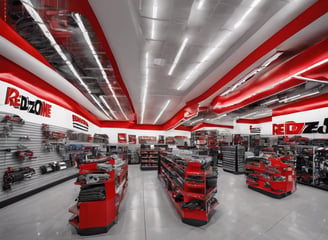 A storefront illuminated at night displays signage in Cyrillic, suggesting an automotive-related shop. The interior is brightly lit, showcasing shelves stocked with various automotive products and accessories. A car is parked in front of the glass window.