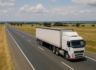 White freight truck driving on open highway — interstate and regional delivery across QLD, NSW, VIC.