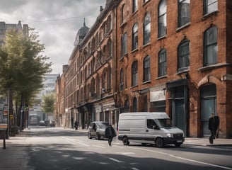 A narrow urban street scene with brick buildings on either side. In the background, a bright yellow DHL delivery van is parked. Two pedestrians are walking along the street, and there are several street signs and road markings visible. The atmosphere is calm, with a focus on the architecture and the delivery van.