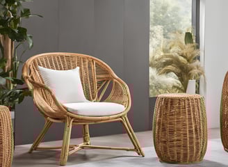 a wicker chair with a cushion and a chair with a cushion