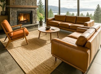 Mid-century living room with leather sofa set, wood ceiling, stone fireplace, and scenic windows.