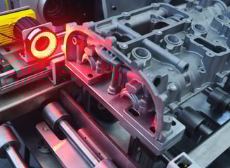 automated vision camera with a red ring light inspecting a metal part