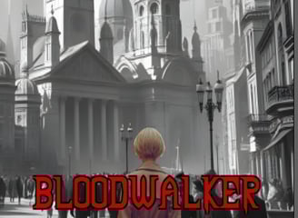 The cover art for Bloodwalker, a woman in color in front of a city in black and white