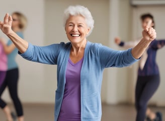 A group of people appears to be participating in an outdoor fitness class or dance session. They are dressed in athletic clothing, and a blue banner can be seen in the background, along with a stage. The setting suggests a lively and energetic atmosphere.