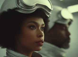 a black man and black woman in space suits and goggles