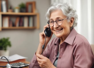 An elderly woman with short gray hair is leaning back on a chair, smiling warmly at a child in the foreground. She has her hands gently placed on the sides of her face, appearing engaged and delighted. The soft lighting and setting create an intimate and cozy atmosphere.