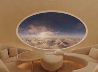 Aircraft lounge interior – Cozy, modern aircraft lounge with beige seating and a large window view o