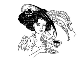 Black and white illustration, woman with elaborate hat, art deco style, fashion sketch