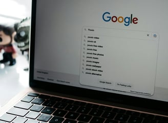 Google search engine open on a laptop, representing online visibility and search engine optimization